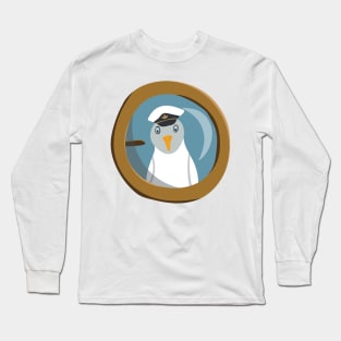 Funny seagull captain behind bull's eye on ship Long Sleeve T-Shirt